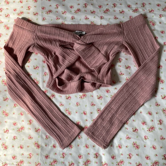 FASHION NOVA - Pink Long Sleeve Off The Shoulder Knot Crop Top - Picture 5 of 5